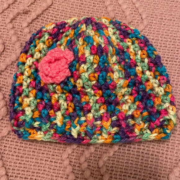 5 for $20-Infant multi-colored crocheted hat with rose embellishment. Like new. - Picture 2 of 3